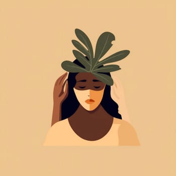 woman trendy young poster palm boho drawing minimalist beige print minimal abstract style silhouette leaf girl vintage summer design portrait art. Generative AI.