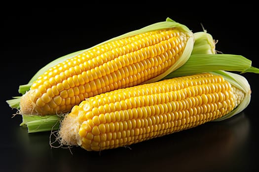 Two corn cobs on a black background.