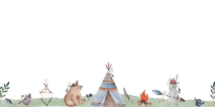 Watercolor seamless border with wigwam and cute animals bear, bunny and bird in boho style. Design of banners and textiles