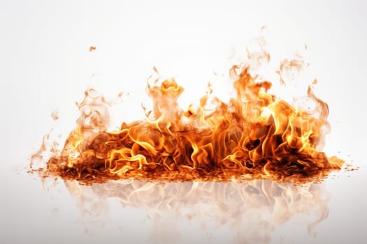 Fiery flame with mirror reflection on a white background.