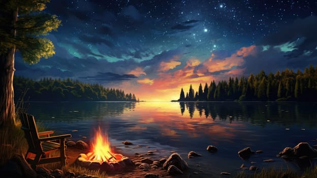 A tranquil lakeside campfire cartoon illustration - Generative AI. Stars, sky, fire, chair, lake.