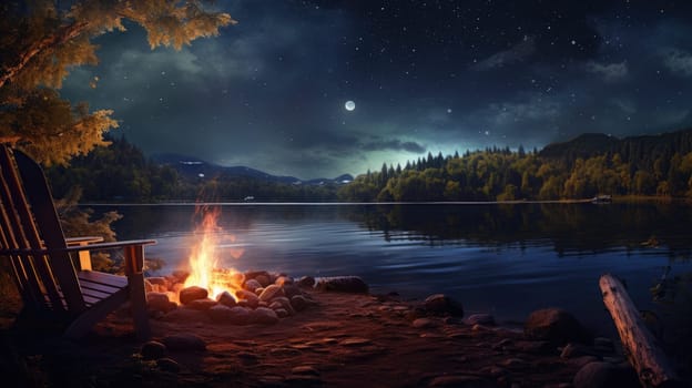 A tranquil lakeside campfire cartoon illustration - Generative AI. Stars, sky, fire, chair, lake.