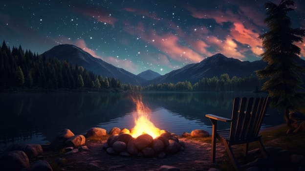 A tranquil lakeside campfire cartoon illustration - Generative AI. Stars, sky, fire, chair, lake.