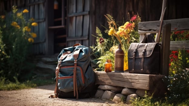 A travelers backpack with photo realistic illustration - Generative AI. Backpack, bottle, jar, door, flowers.