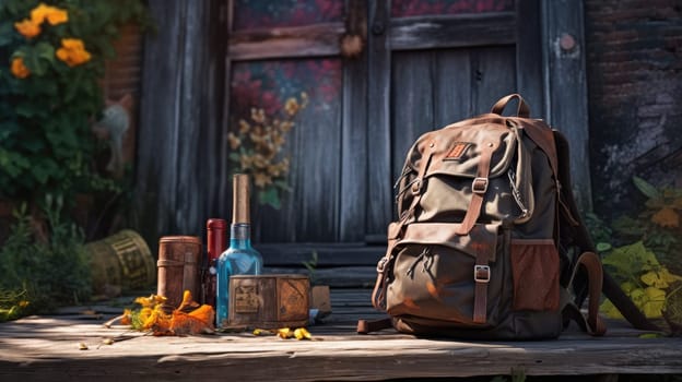 A travelers backpack with photo realistic illustration - Generative AI. Backpack, bottle, jar, door, flowers.