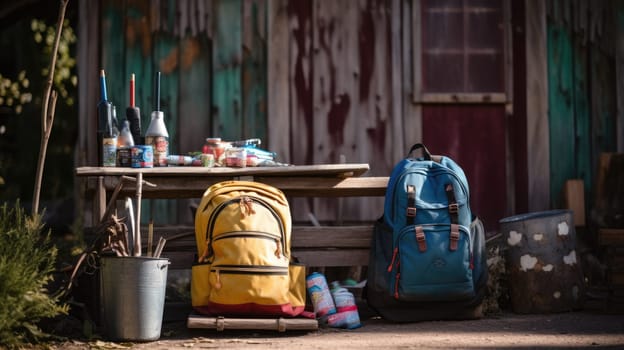 A travelers backpack with photo realistic illustration - Generative AI. Backpack, bottle, jar, door, flowers.