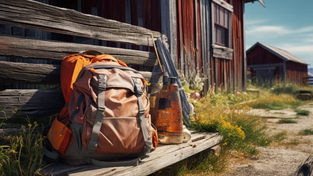 A travelers backpack with photo realistic illustration - Generative AI. Backpack, bottle, jar, door, flowers.