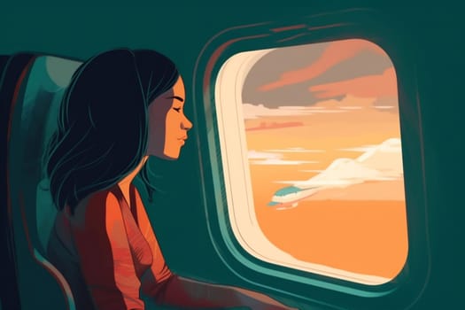 window woman muslim journey porthole plane vacation trip flight passenger voyage fly seat character cartoon comfort transportation aeroplane girl happy person. Generative AI.