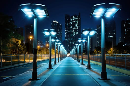Streets of the evening city, illuminated using energy from solar panels.