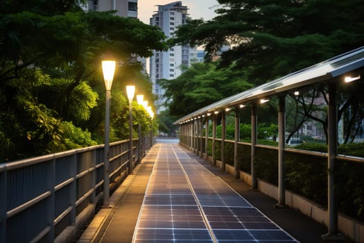 Streets of the evening city, illuminated using energy from solar panels.