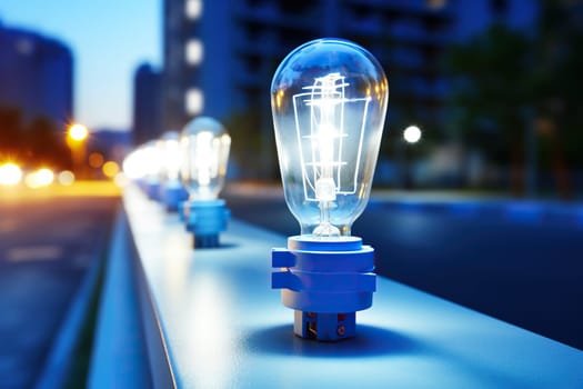 Light bulb against the backdrop of a blurred city in the evening. Electric energy concept.