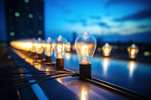 Light bulb against the backdrop of a blurred city in the evening. Electric energy concept.