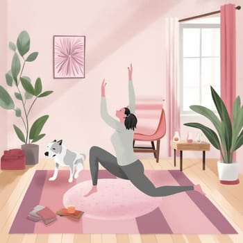 woman dog meditation training healthy body home cartoon sport stretching yoga happy puppy fitness exercising posture relax flat relaxation cat lifestyle. Generative AI.