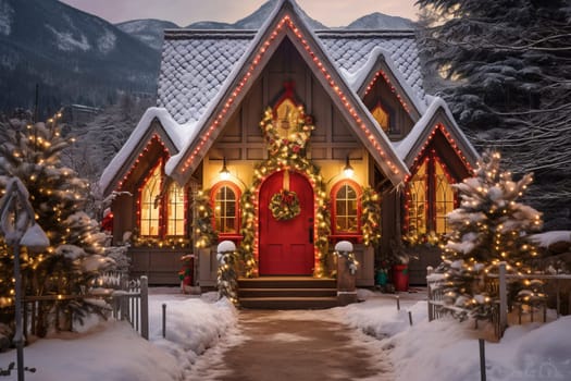 Wooden house in a small mountain town, decorated for Christmas.