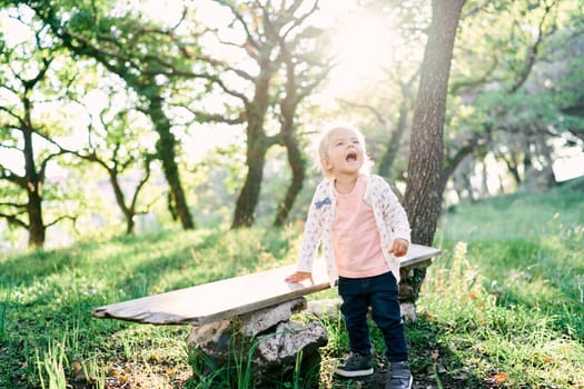 Little girl screaming while leaning on a bench in the forest. High quality photo