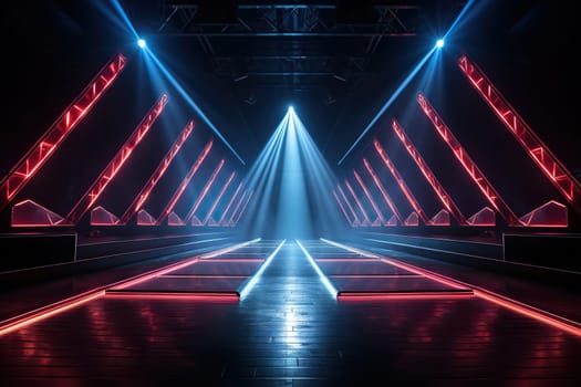 Background dark corridor with neon light. Abstract background with lines and glow.