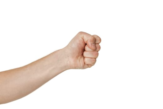 male hand holding fists up isolated on white background