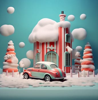 snow vintage celebration merry red festive sweet retro toy pink santa unusual christmas candy winter gift holiday season small car. Generative AI.