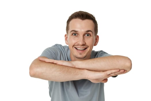 guy put his hands together like at school on white background