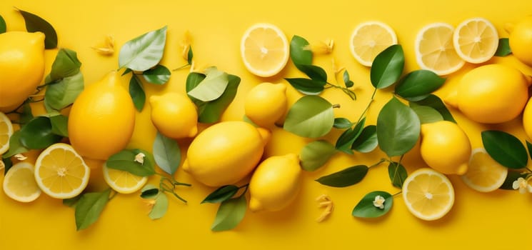 art natural juicy view food pattern summer healthy minimal close-up sweet citrus vegetarian yellow leaf fresh color lime fruit lemon background. Generative AI.