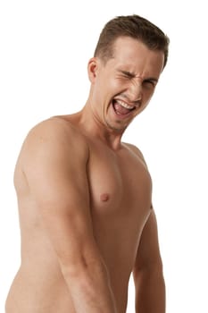 young man showing his bicep over white background