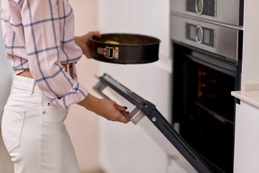 female hands put pan of plum dough into the modern kitchen oven.