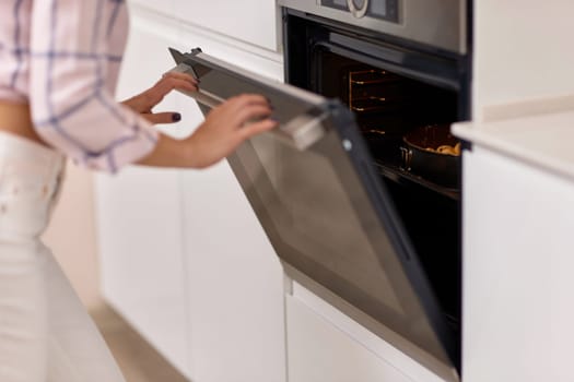 female hands put pan of plum dough into the modern kitchen oven.