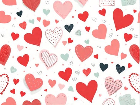 Cute doodle style hearts pattern. Valentine's Day background. Marker drawn different heart shapes and silhouettes ornament.