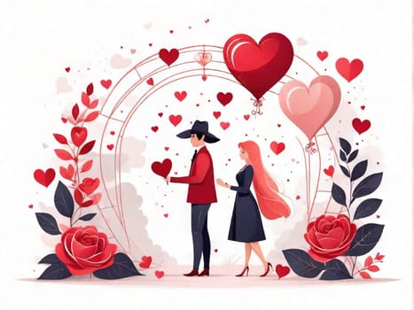 Valentine's Day, couple in love, lettering. A guy and a girl on a romantic date. Heart and flowers