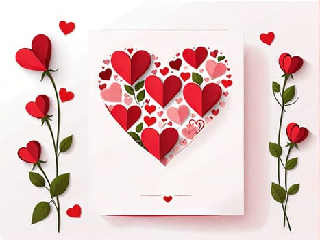 Romantic card for valentine's day and mother's day, festive mood red hearts and flowers on a white background