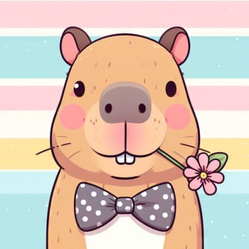 Cute capybara with butterfly holds flower in his hand on light background, greeting universal card for holidays, valentine, birthday and others