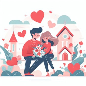Valentine's Day, couple in love, lettering. A guy and a girl on a romantic date. Heart and flowers