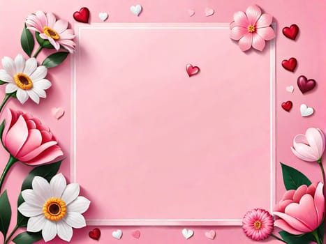 Love Valentine background frame with red hearts and flowers on pink background. Banner universal postcard, February 14 and mother's day