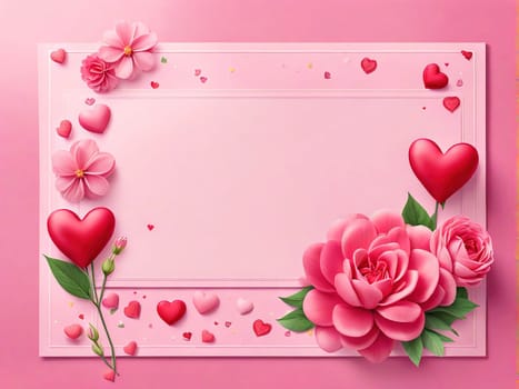 Love Valentine background frame with red hearts and flowers on pink background. Banner universal postcard, February 14 and mother's day