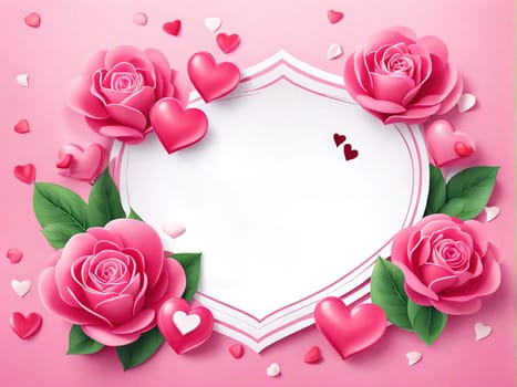 Love Valentine background frame with red hearts and flowers on pink background. Banner universal postcard, February 14 and mother's day