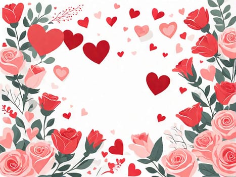 Romantic card for valentine's day and mother's day, festive mood red hearts and flowers on a white background