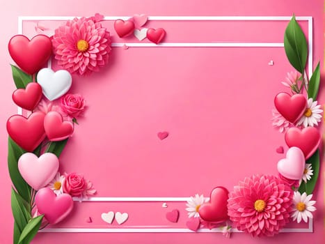 Love Valentine background frame with red hearts and flowers on pink background. Banner universal postcard, February 14 and mother's day