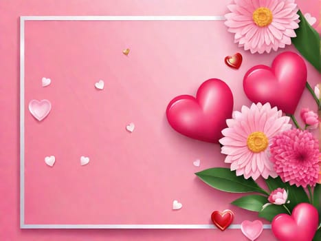 Love Valentine background frame with red hearts and flowers on pink background. Banner universal postcard, February 14 and mother's day