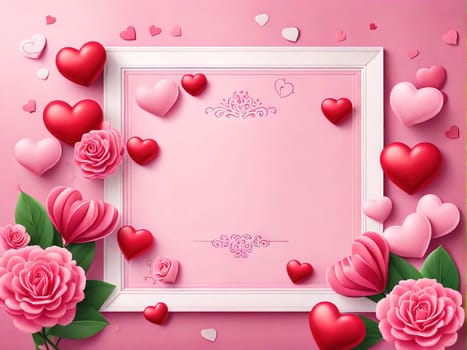 Love Valentine background frame with red hearts and flowers on pink background. Banner universal postcard, February 14 and mother's day