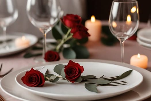 Beautiful wedding table serving with sparkling wine glasses, on background. Restaurant bar romantic evening dinner food estate. Universal suitable for any occasion