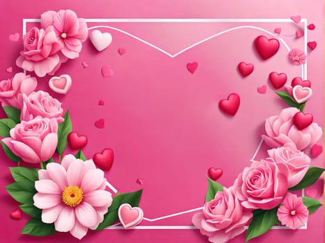 Love Valentine background frame with red hearts and flowers on pink background. Banner universal postcard, February 14 and mother's day