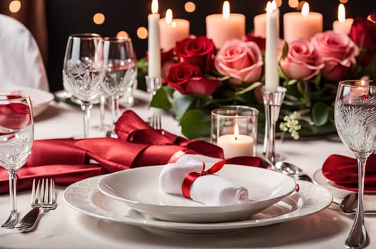 Beautiful wedding table serving with sparkling wine glasses, on background. Restaurant bar romantic evening dinner food estate. Universal suitable for any occasion