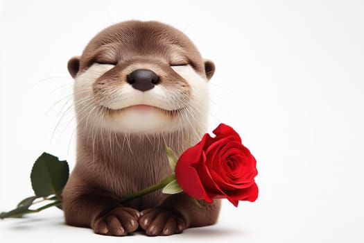 Cute otter sitting with his eyes closed with red rose in his mouth, isolated on a white background