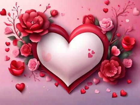 Valentine's Day hearts, painting pink hearts and flowers on a colored background, greeting card