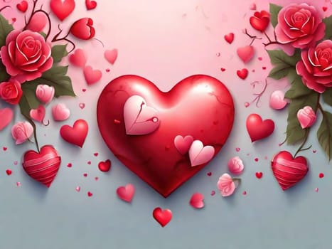 Valentine's Day hearts, painting pink hearts and flowers on a colored background, greeting card