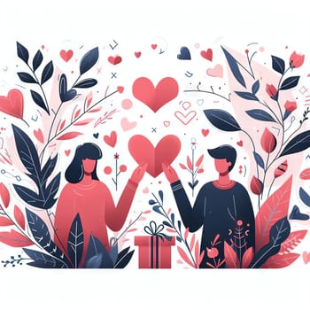 Valentine's Day, couple in love, lettering. A guy and a girl on a romantic date. Heart and flowers