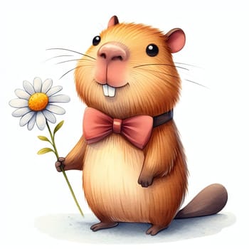 Cute capybara with butterfly holds flower in his hand on light background, greeting universal card for holidays, valentine, birthday and others