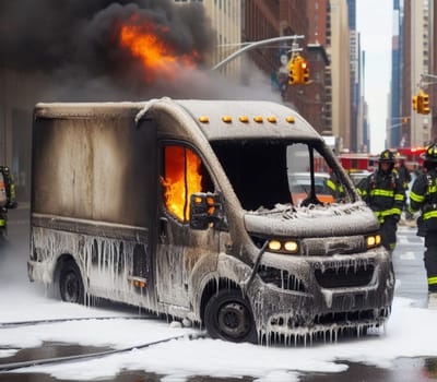 electric hybrid cargo courier truck van burn bottom chasis, firefighter apply foam to extinguish flames big smoke ai generated