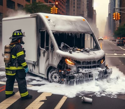 electric hybrid cargo courier truck van burn bottom chasis, firefighter apply foam to extinguish flames big smoke ai generated