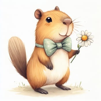 Cute capybara with butterfly holds flower in his hand on light background, greeting universal card for holidays, valentine, birthday and others